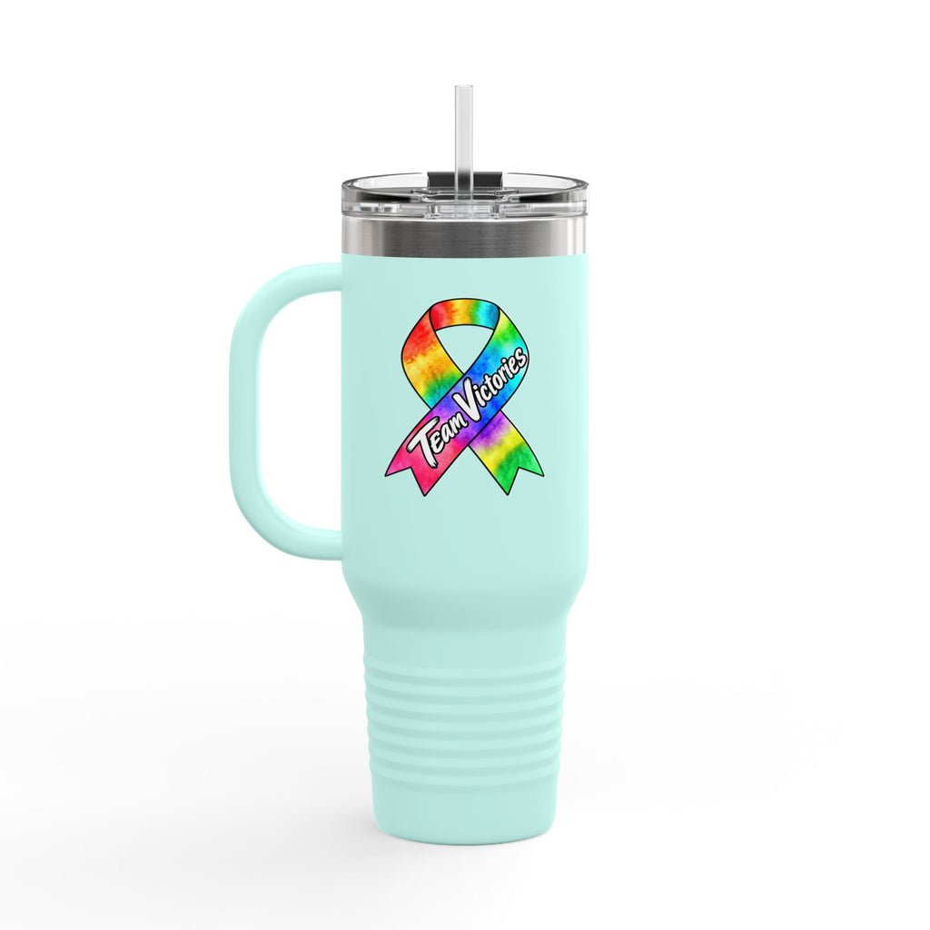 Aqua Team Victories travel mug with all-cancer awareness ribbon design