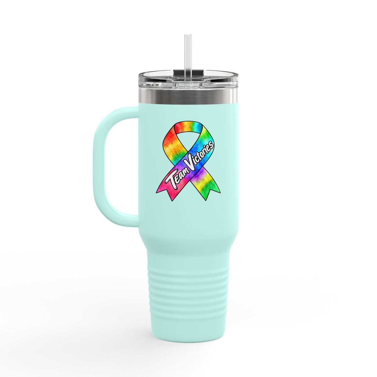 Aqua Team Victories travel mug with all-cancer awareness ribbon design