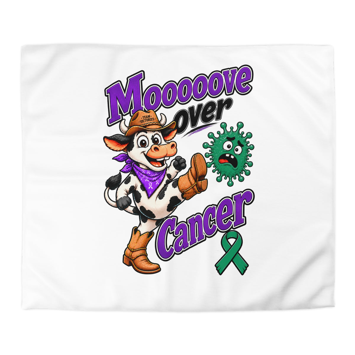 Moooove Over Cancer duvet cover close view with Liver Cancer awareness ribbon artwork