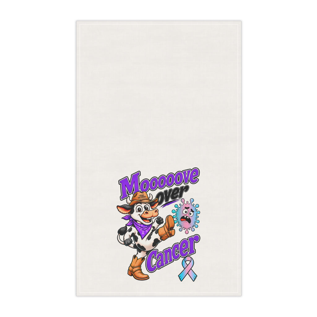 Moooove Over Cancer tea towel with colorful cow artwork and pink-and-blue awareness ribbon