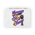 Moooove Over Cancer lunch bag with colorful cowboy cow artwork and black awareness ribbon