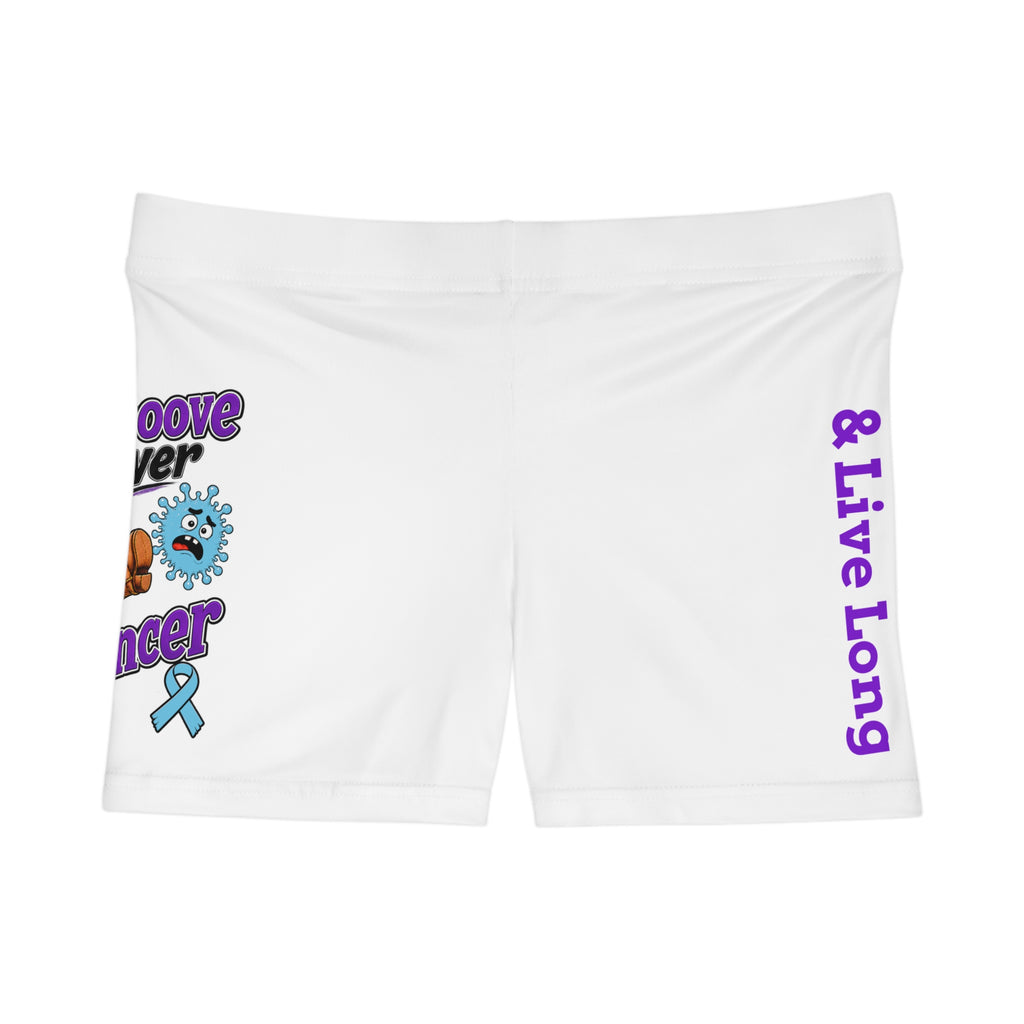 Moooove Over Cancer women's white shorts with cow artwork, blue ribbon, and purple Live Long lettering