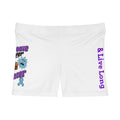 Moooove Over Cancer women's white shorts with cow artwork, blue ribbon, and purple Live Long lettering