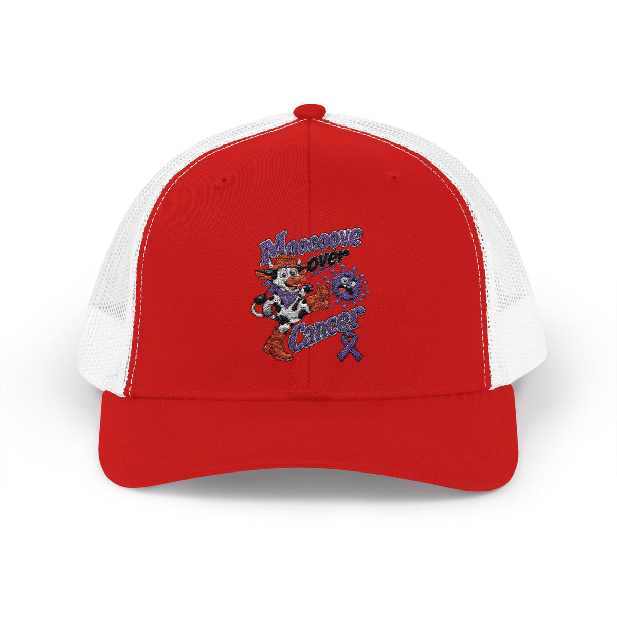 Back view of Moooove Over Cancer trucker hat with mesh panels and snap closure