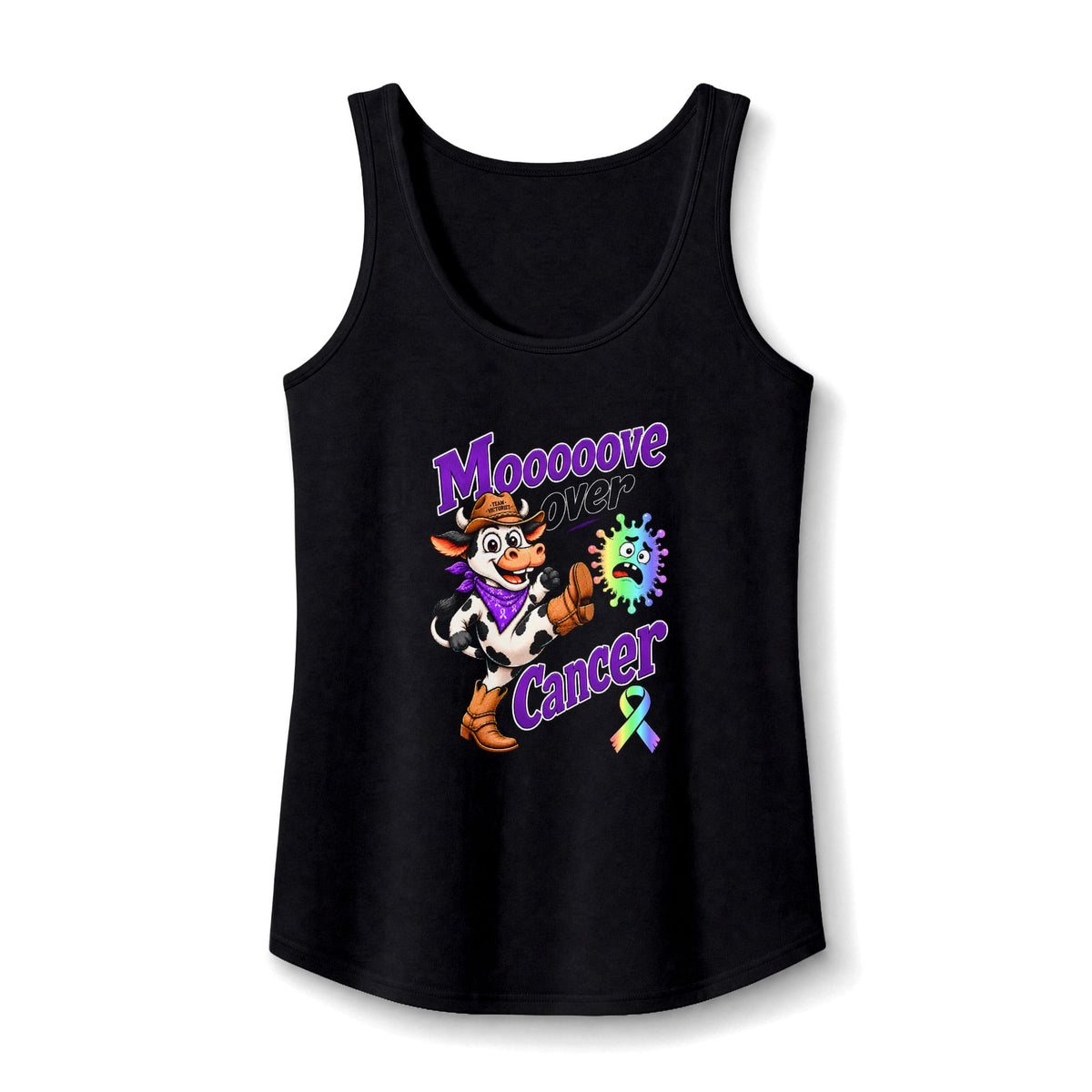 Black Moooove Over Cancer tank top with all-cancer awareness ribbon design