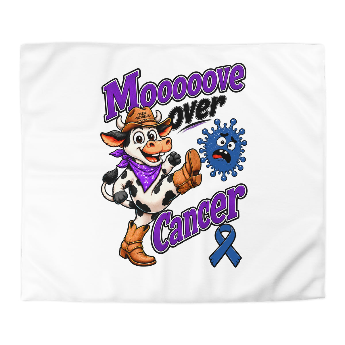 Moooove Over Cancer duvet cover close view with colorful cow artwork
