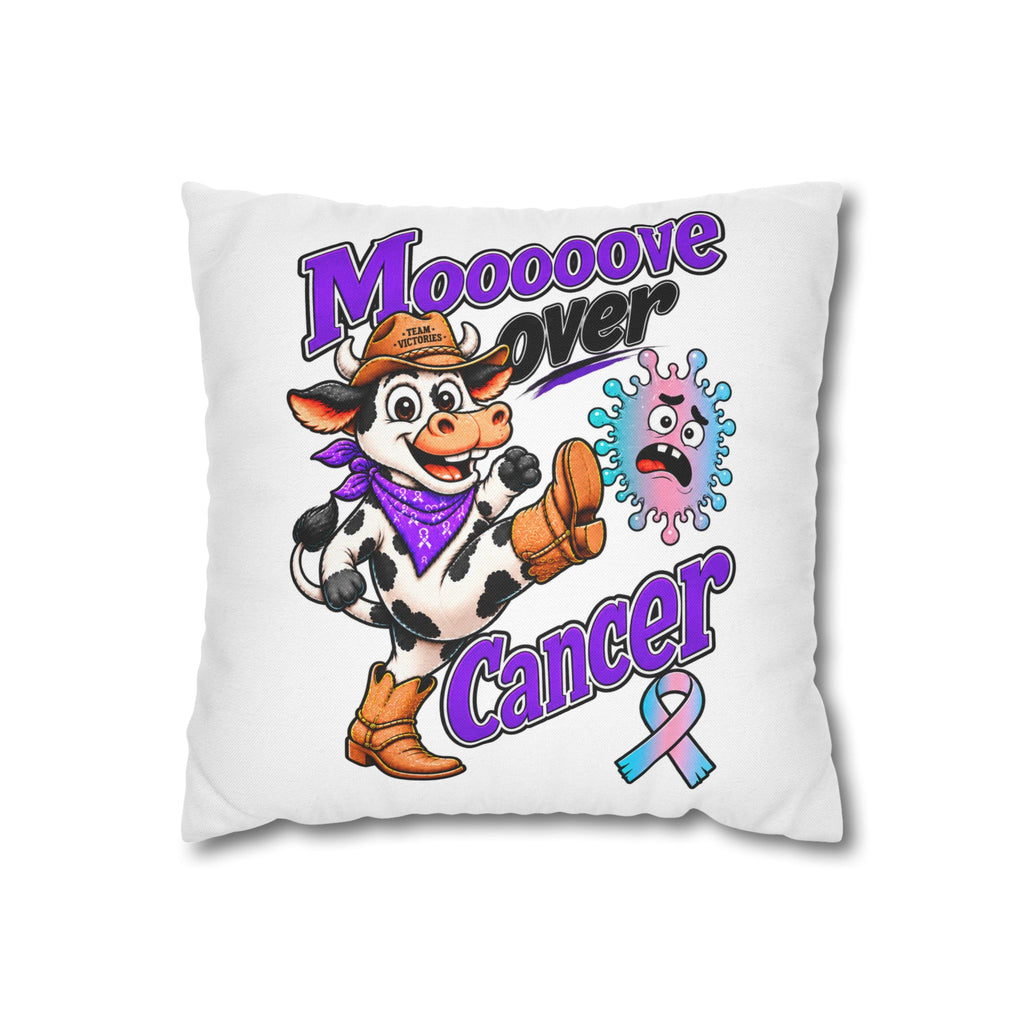 Moooove Over Cancer pillow case with cow artwork and Thyroid Cancer awareness ribbon