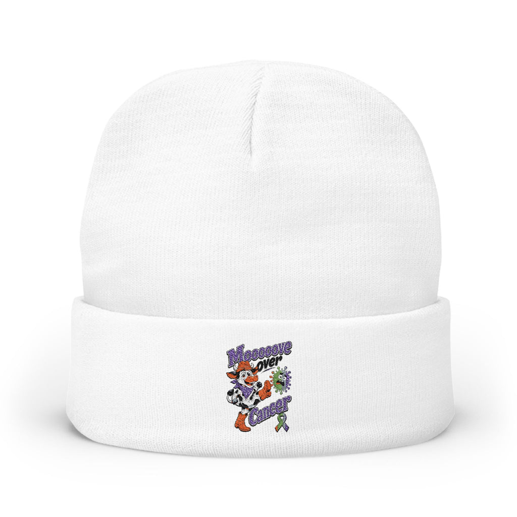 White Moooove Over Cancer beanie with colorful embroidered artwork on the cuff