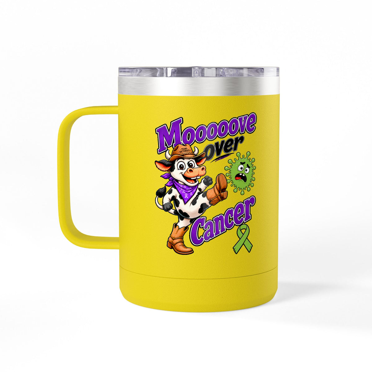 Yellow Moooove Over Cancer mug with Non-Hodgkin/Lymphoma Cancer awareness ribbon