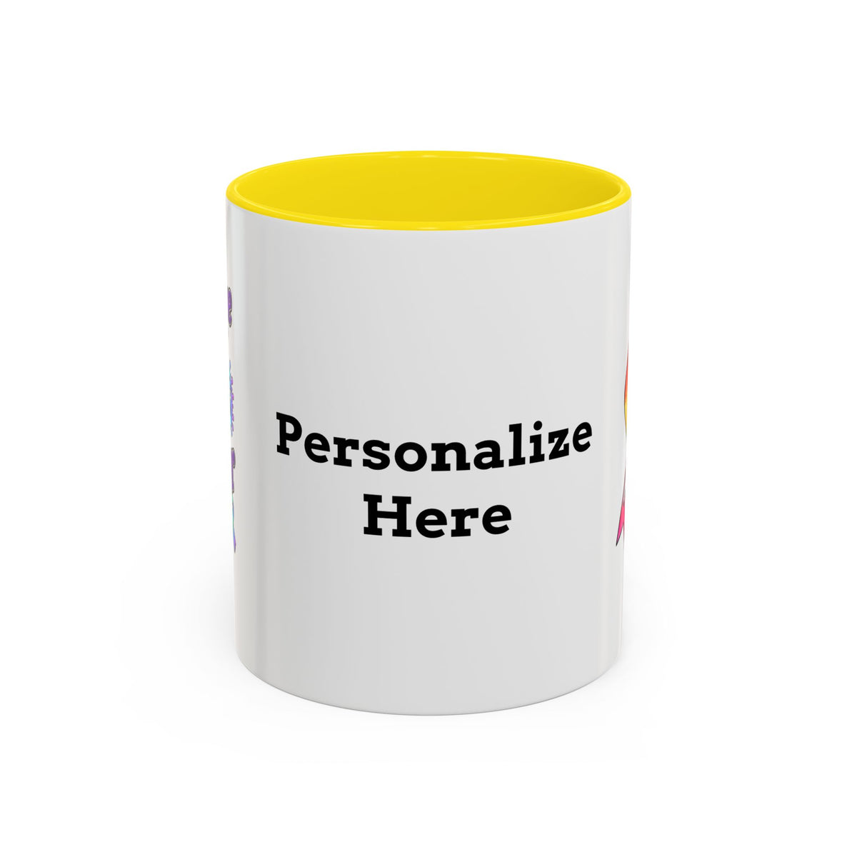 Moooove Over Cancer mug back view with yellow accent interior and handle