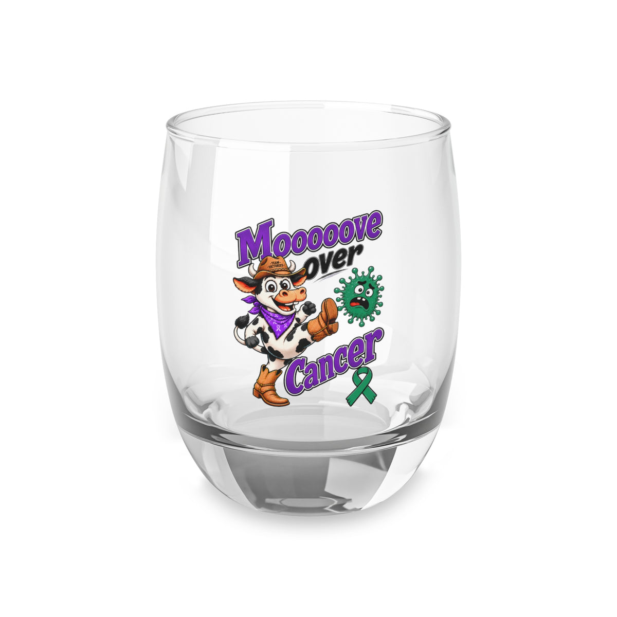 Moooove Over Cancer design with cow character and green ribbon on a clear whiskey glass