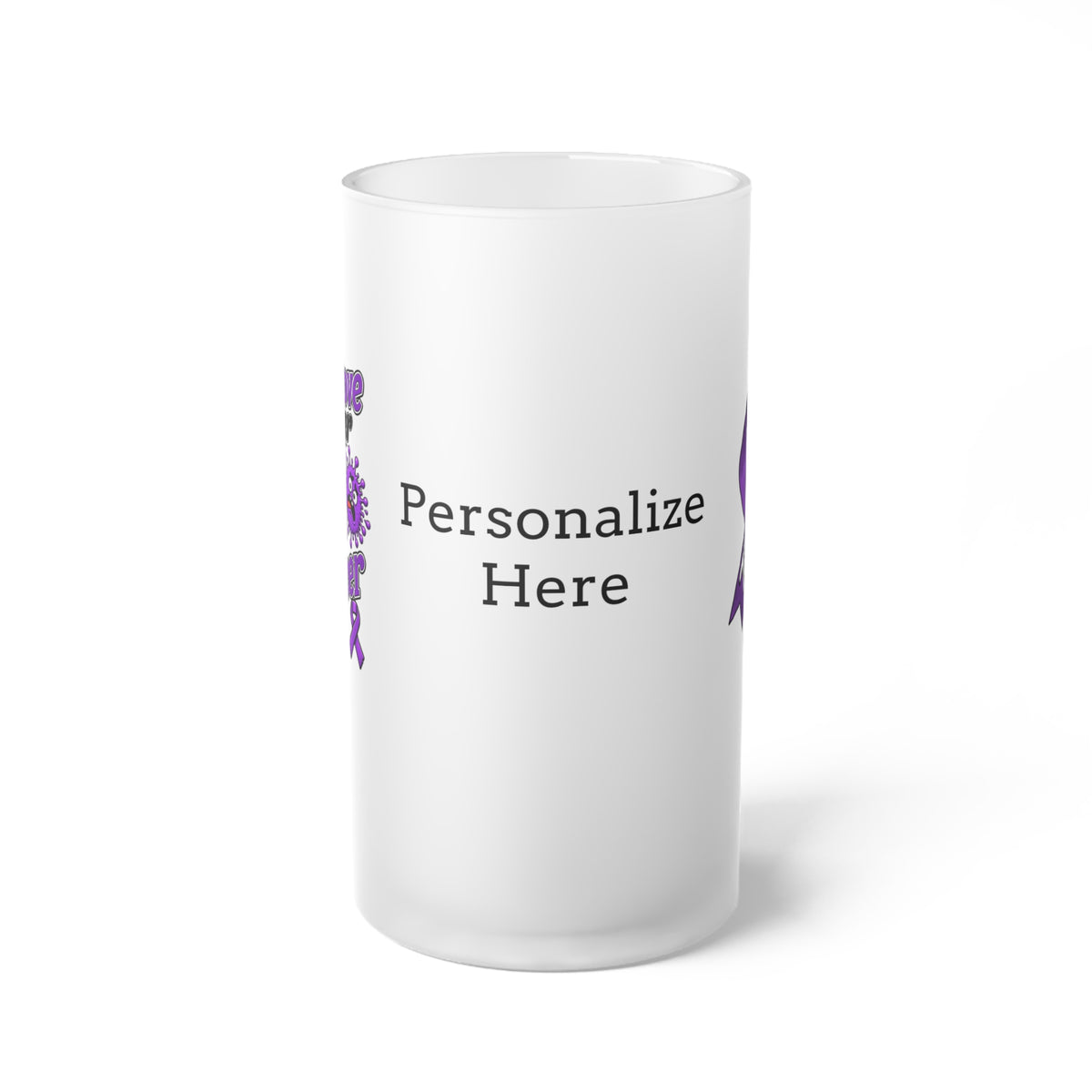 Side view of Moooove Over Cancer frosted glass mug with custom name personalization area