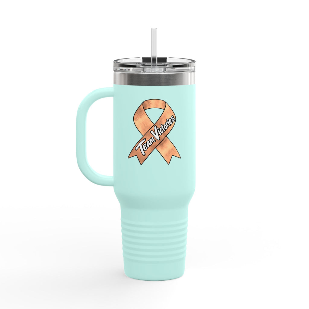 Aqua Team Victories mug featuring a peach Uterine Cancer awareness ribbon