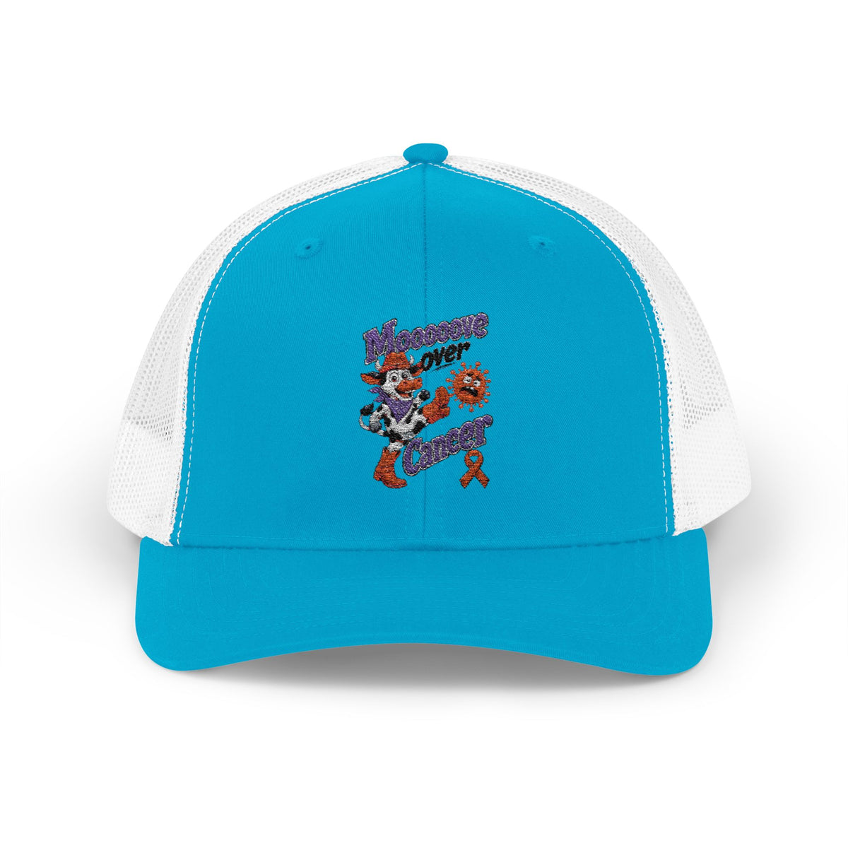Moooove Over Cancer Uterine Cancer awareness ribbon trucker hat, side view