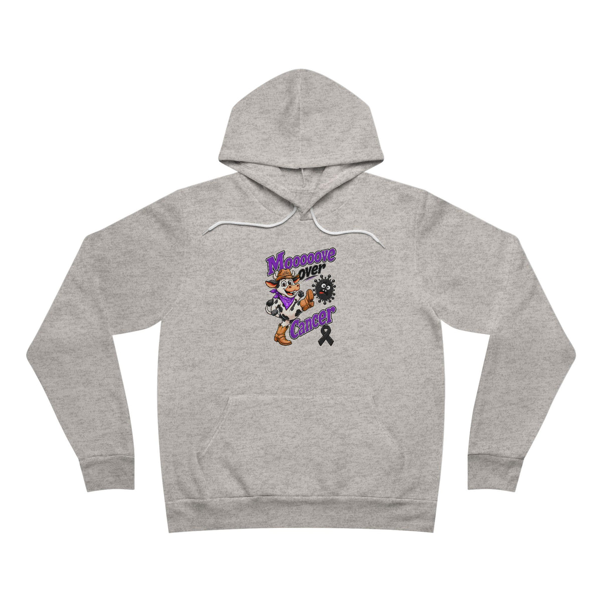 Moooove Over Cancer black ribbon design on a heather gray hoodie