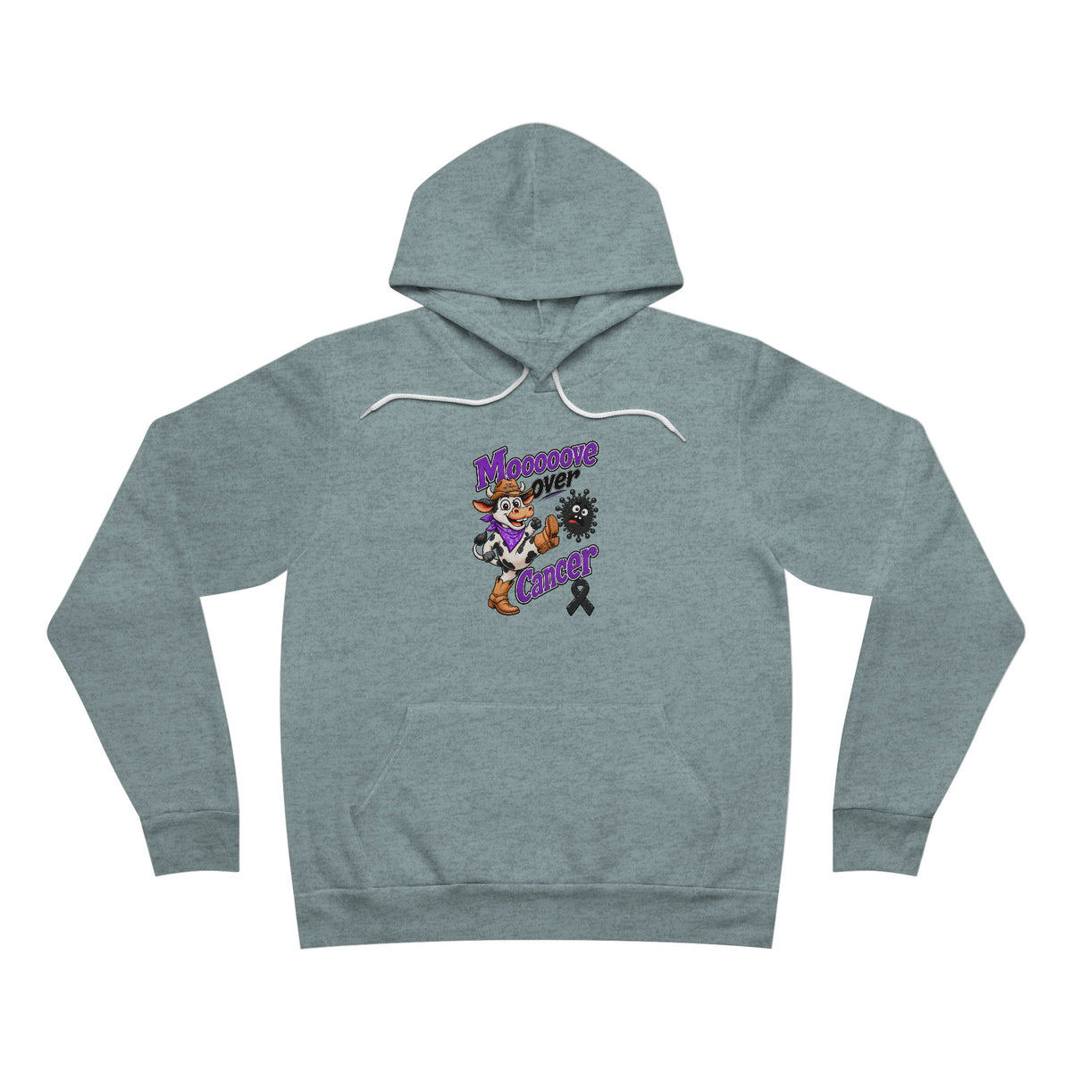Moooove Over Cancer black ribbon graphic on a slate blue-gray hoodie
