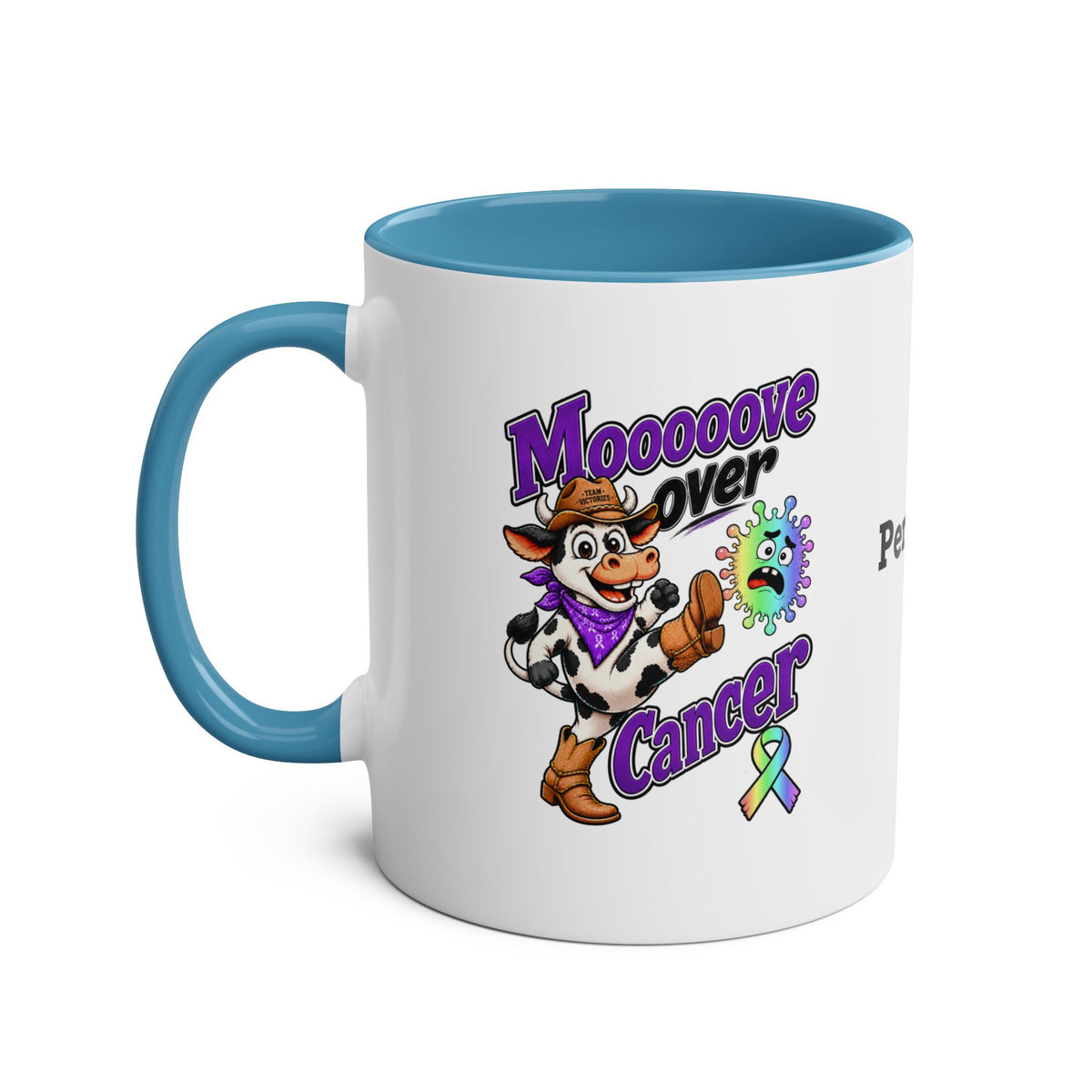 Blue two-tone Moooove Over Cancer personalized coffee mug with awareness design
