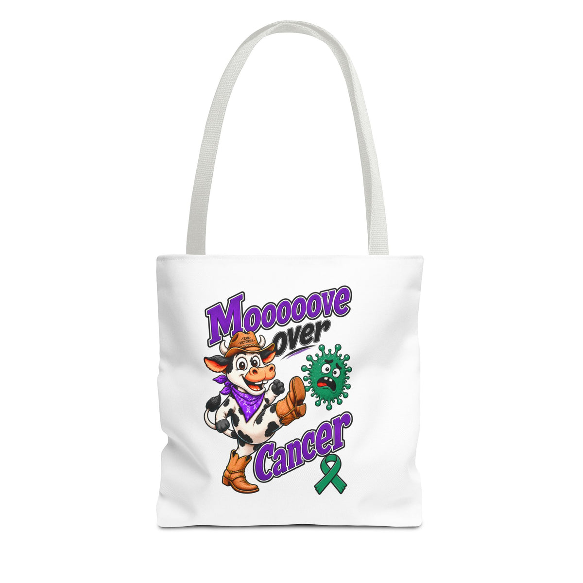 Moooove Over Cancer tote with burgundy handles and a Liver Cancer awareness ribbon