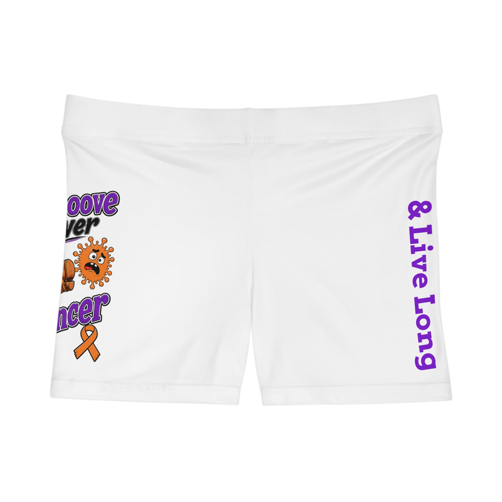 Moooove Over Cancer women's shorts with cow artwork, orange ribbon, and purple Live Long detail