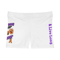 Moooove Over Cancer women's shorts with cow artwork, orange ribbon, and purple Live Long detail