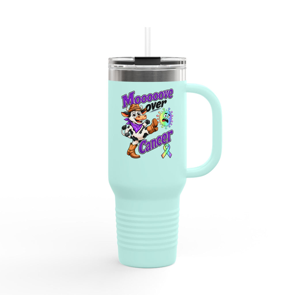 Moooove Over Cancer travel mug in aqua with all-cancer awareness ribbon
