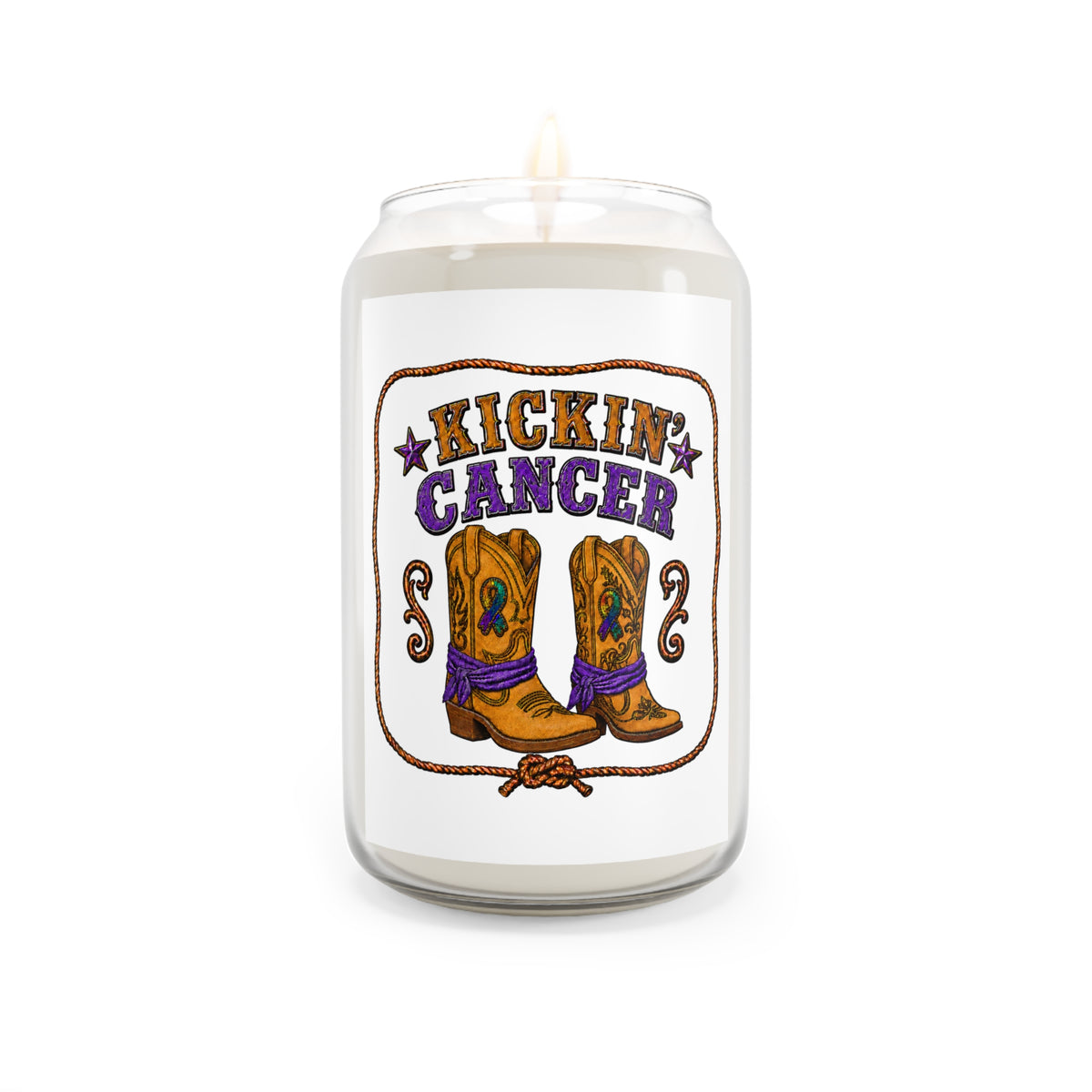 Kickin' Cancer 13.75 oz soy candle with western boot artwork on a white background