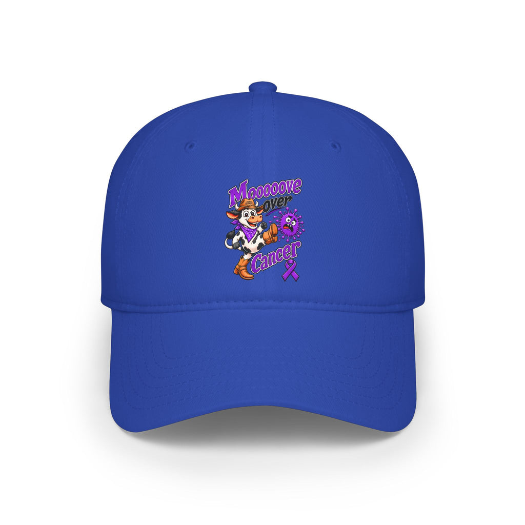 Blue Moooove Over Cancer low-profile baseball hat with colorful ribbon design
