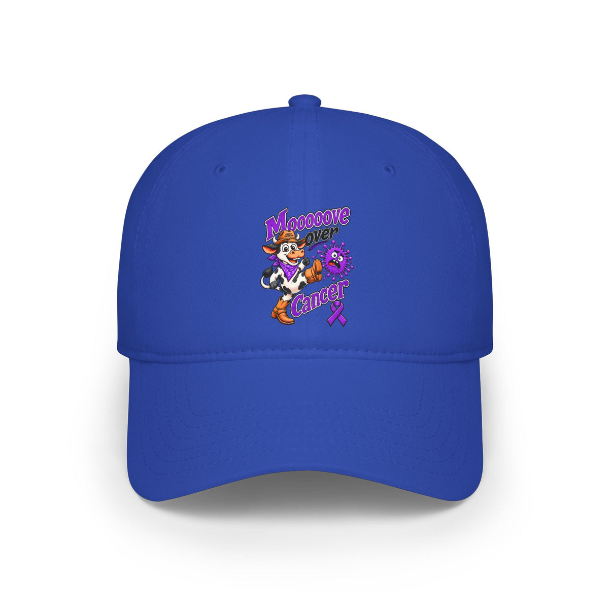 Blue Moooove Over Cancer low-profile baseball hat with colorful ribbon design