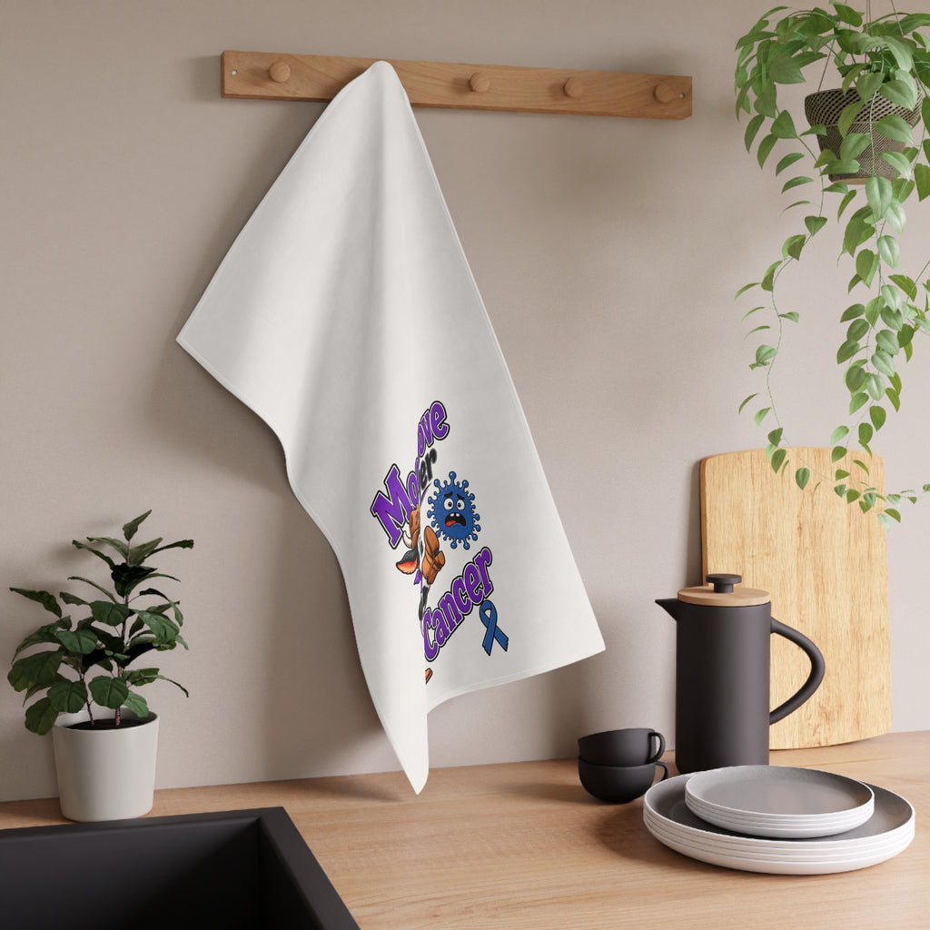 Moooove Over Cancer tea towel hanging beside dishes and kitchen accessories