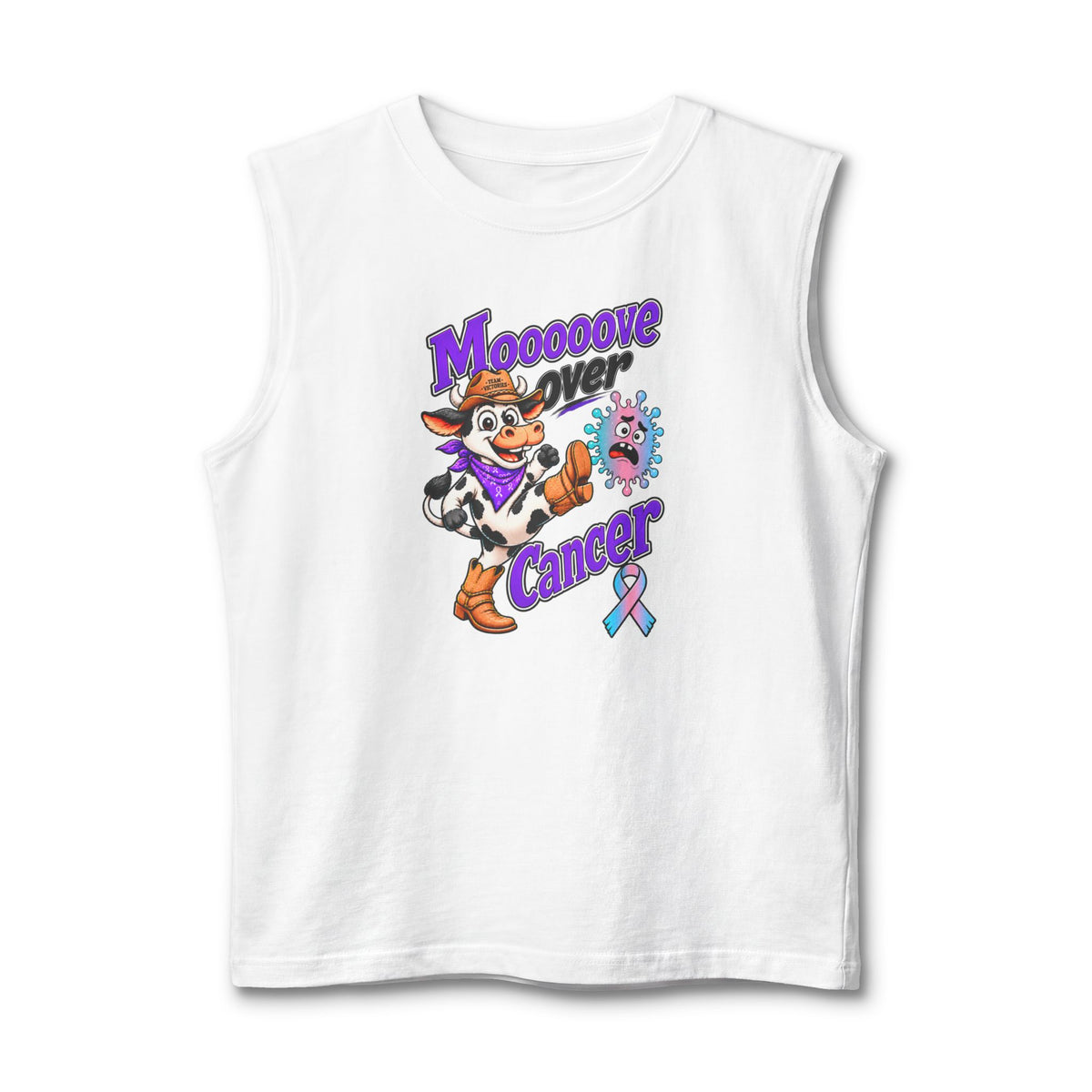 White Moooove Over Cancer tank top with cow artwork and Thyroid Cancer awareness ribbon