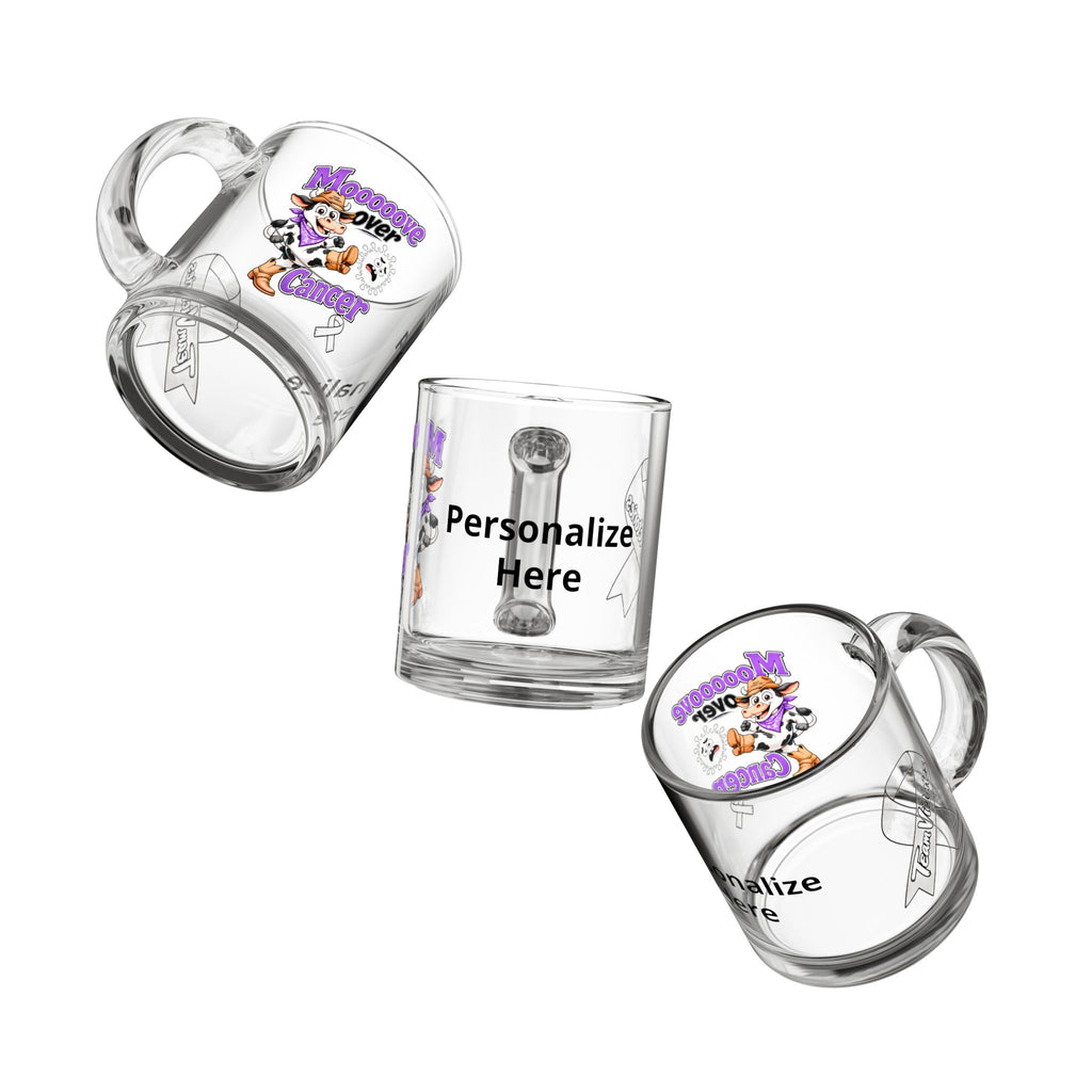 Three-angle view of the personalized Moooove Over Cancer 10 oz glass mug