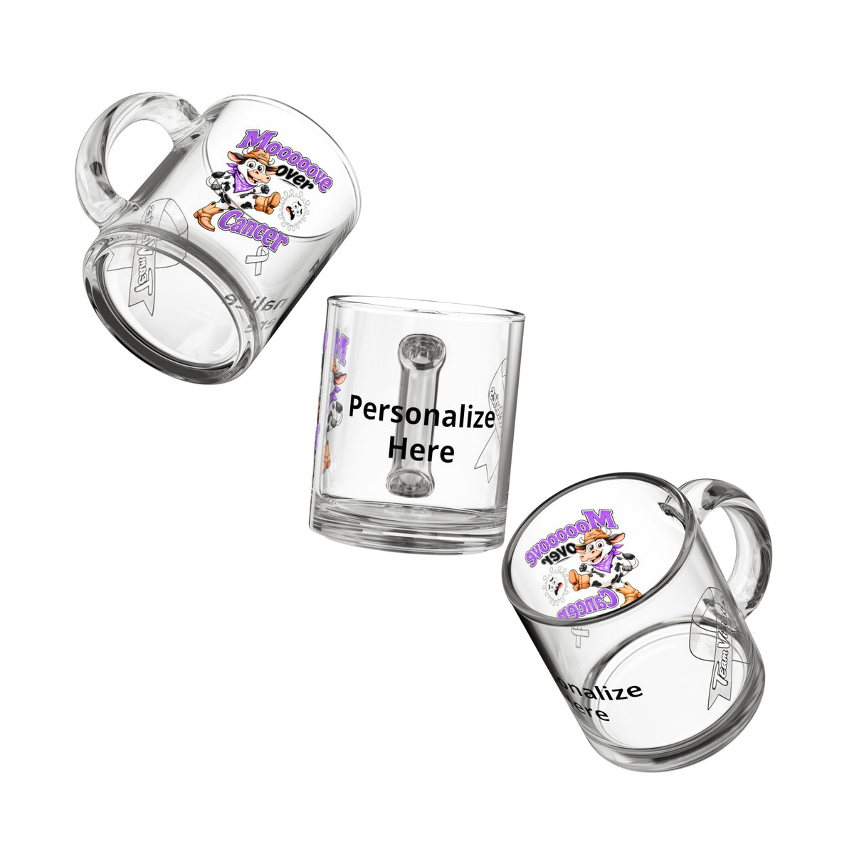 Three-angle view of the personalized Moooove Over Cancer 10 oz glass mug