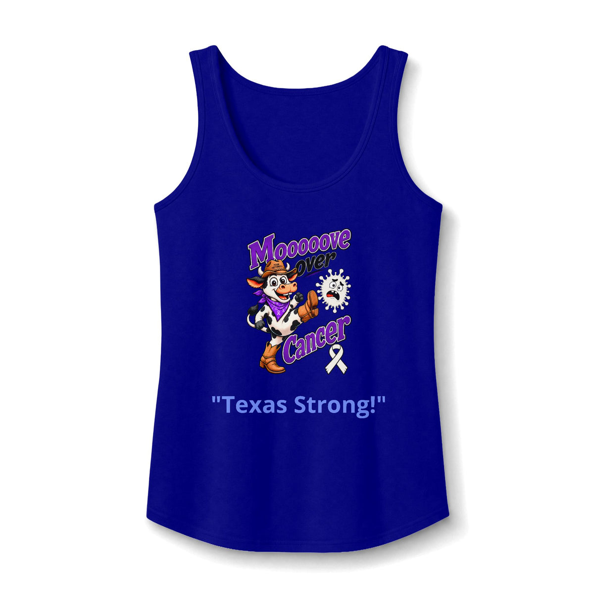 Royal blue Moooove Over Cancer Texas Strong tank top with Lung Cancer awareness ribbon
