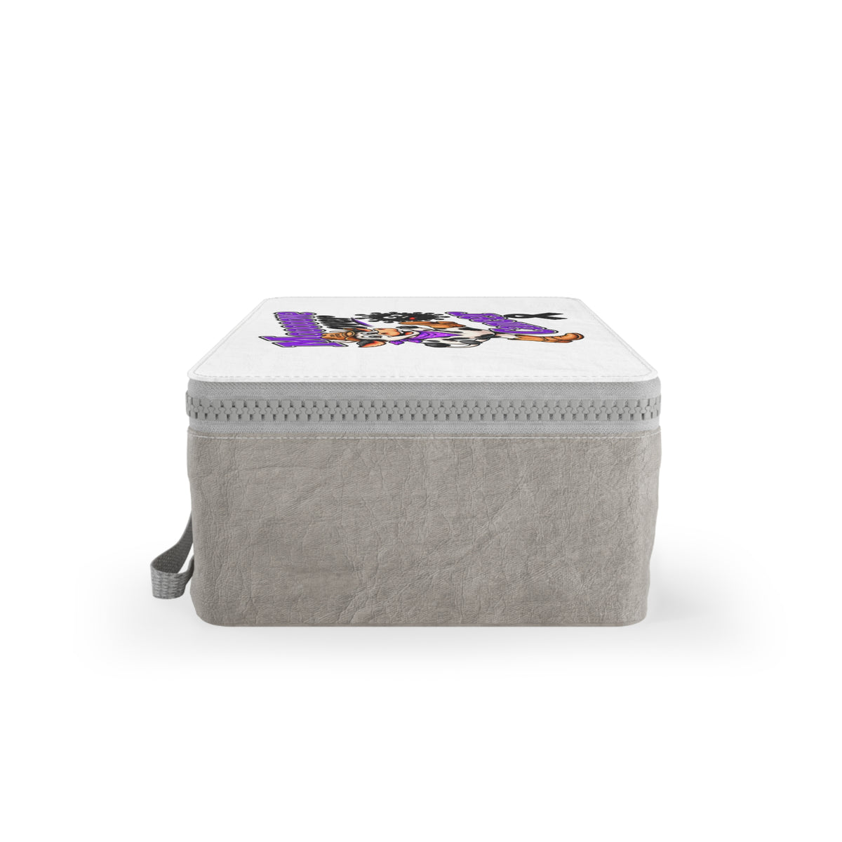 Side view of the Moooove Over Cancer lunch bag with cotton carrying strap