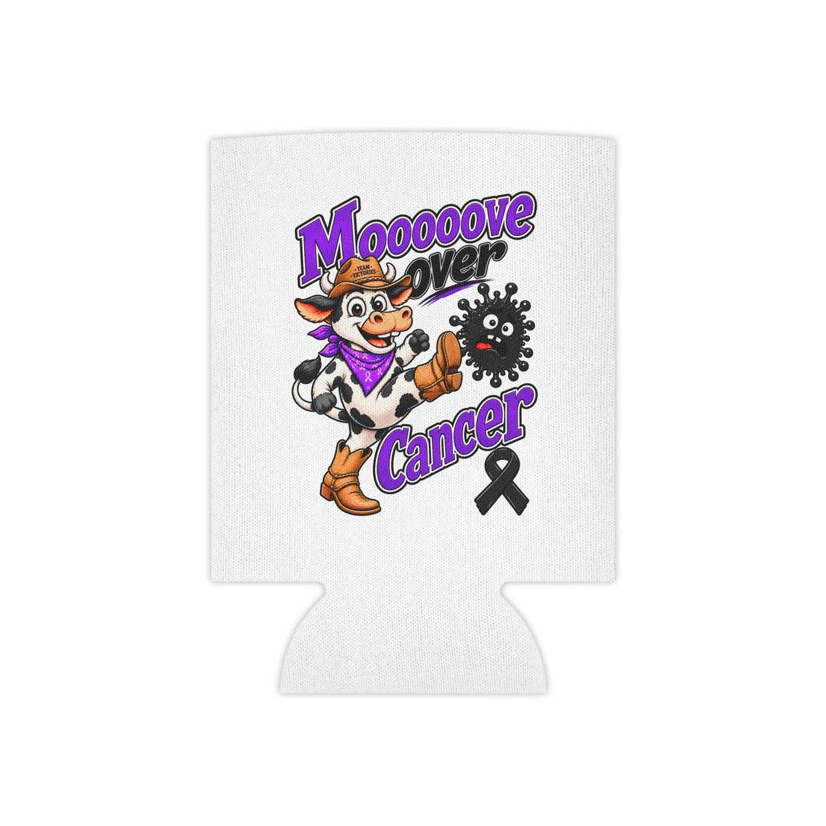 Moooove Over Cancer can cooler with colorful cow artwork and black awareness ribbon