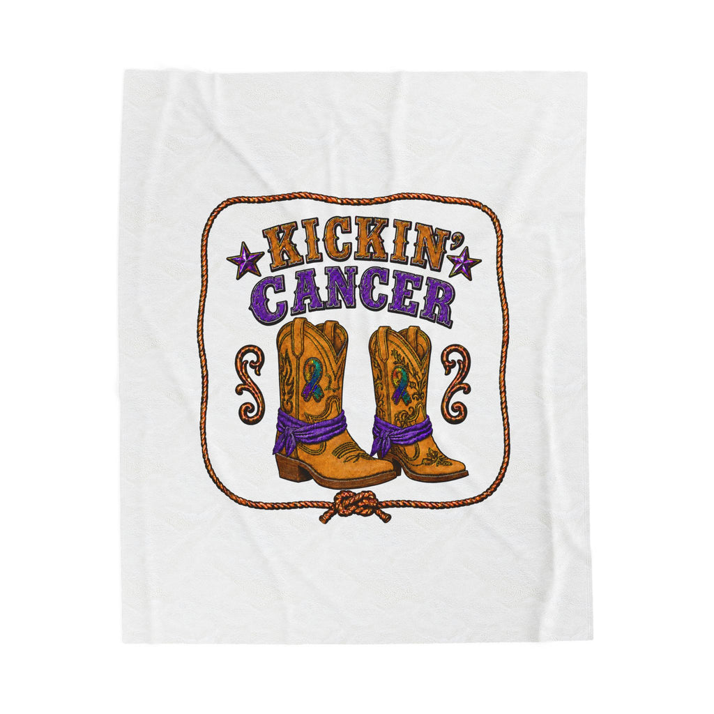 White Kickin' Cancer velveteen blanket shown flat with purple-accented cowboy boot artwork