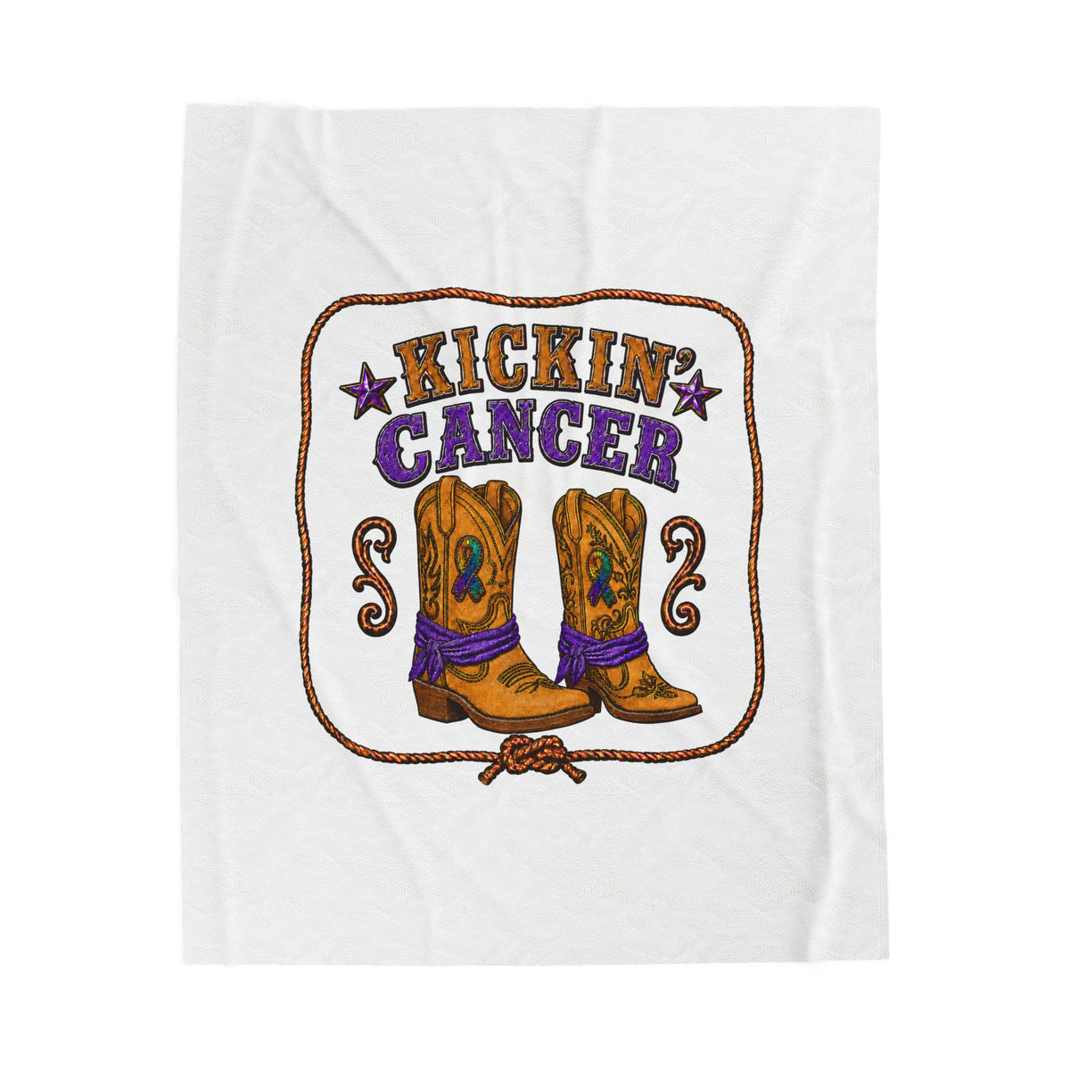 White Kickin' Cancer velveteen blanket shown flat with purple-accented cowboy boot artwork