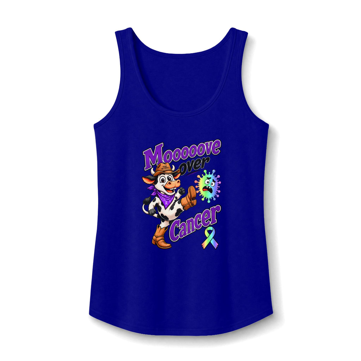 Blue Moooove Over Cancer tank top with all-cancer awareness ribbon design