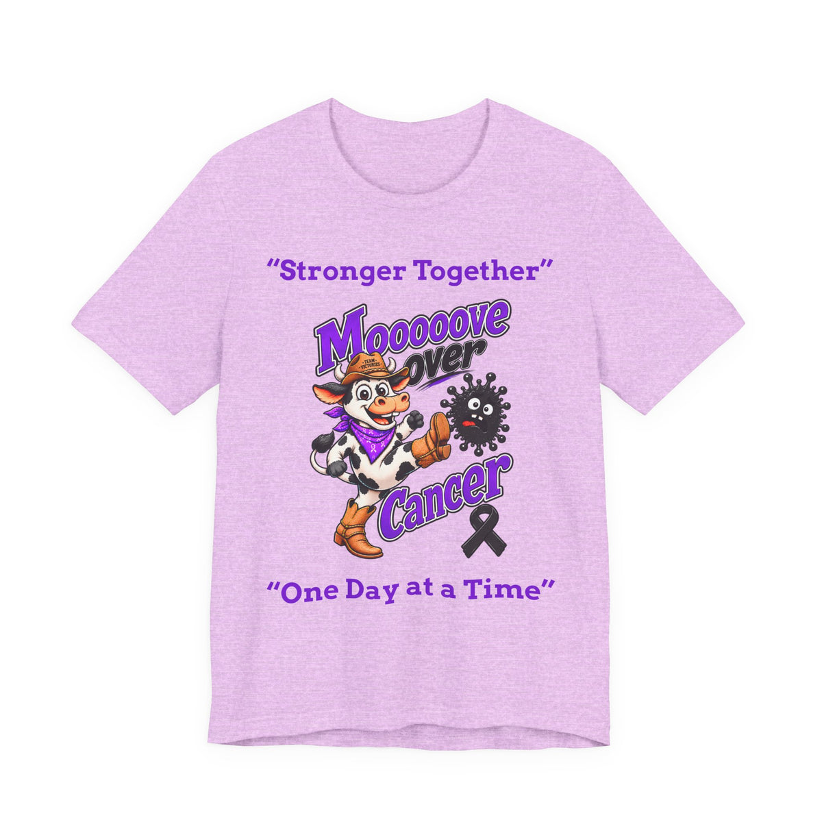 Moooove Over Cancer lavender T-shirt with cow character and awareness design