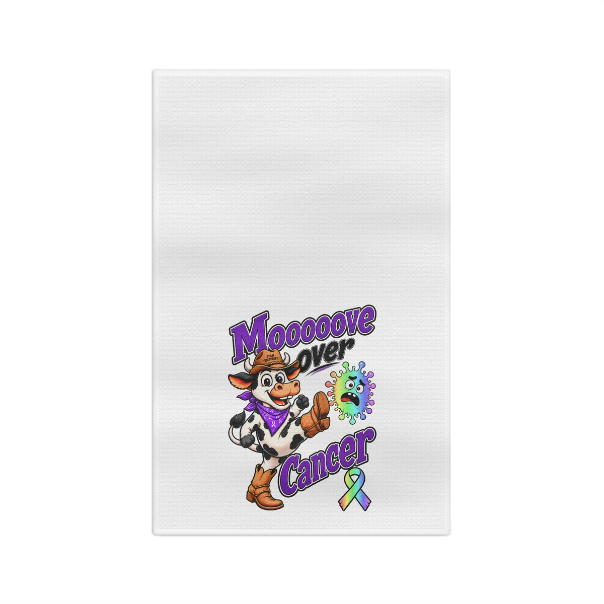 Moooove Over Cancer microfiber tea towel with colorful cow artwork and awareness ribbon