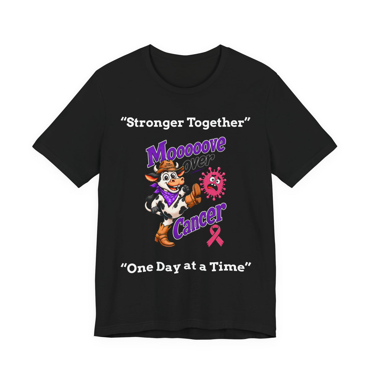 Moooove Over Cancer black crew-neck T-shirt with cowgirl artwork