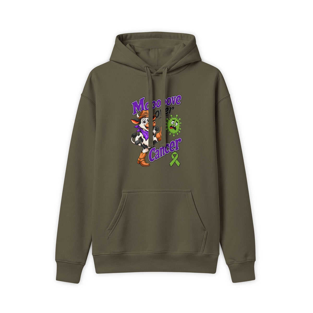 Moooove Over Cancer hoodie with Non-Hodgkin/Lymphoma Cancer awareness ribbon, olive front view