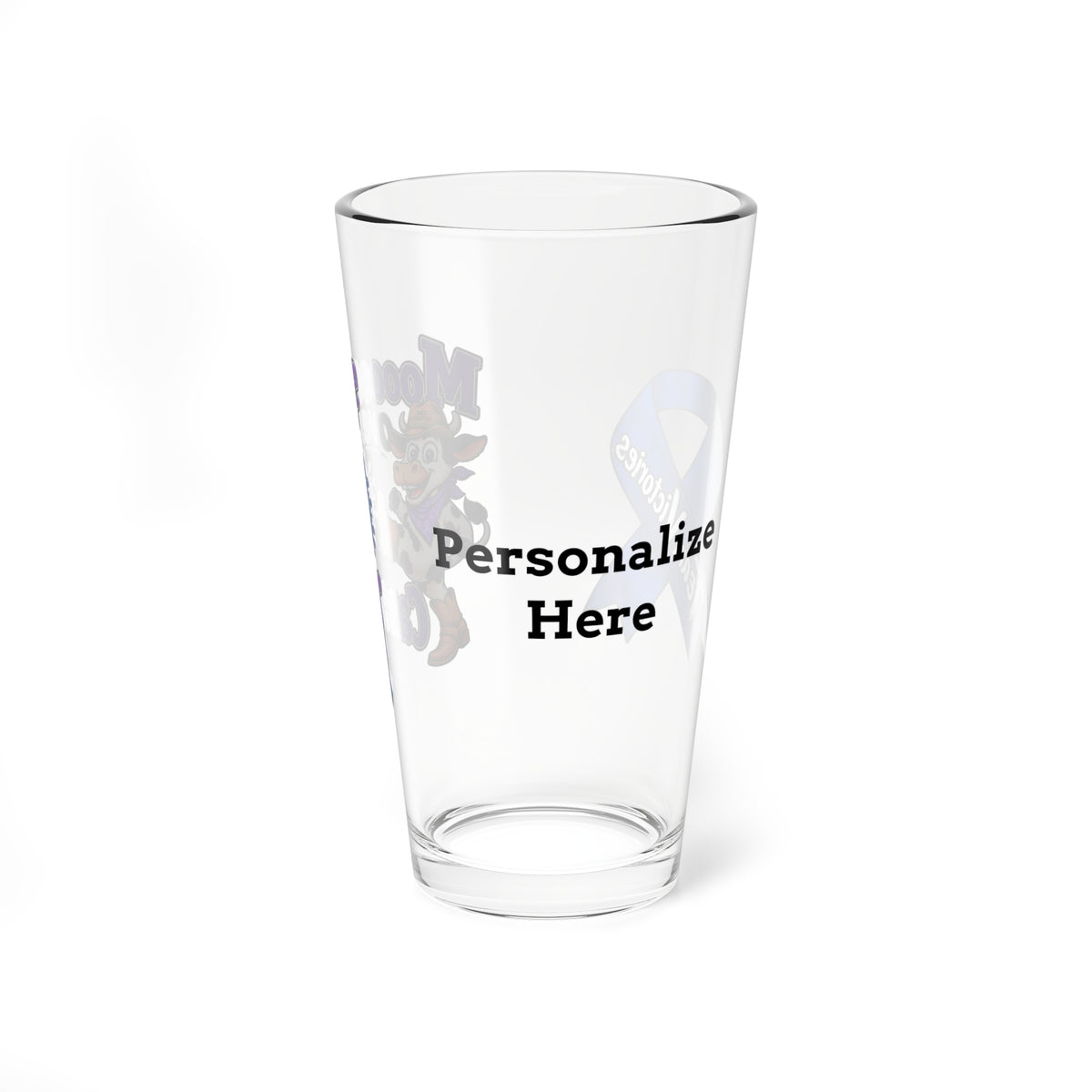 Moooove Over Cancer personalized clear glass tumbler showing the custom name area