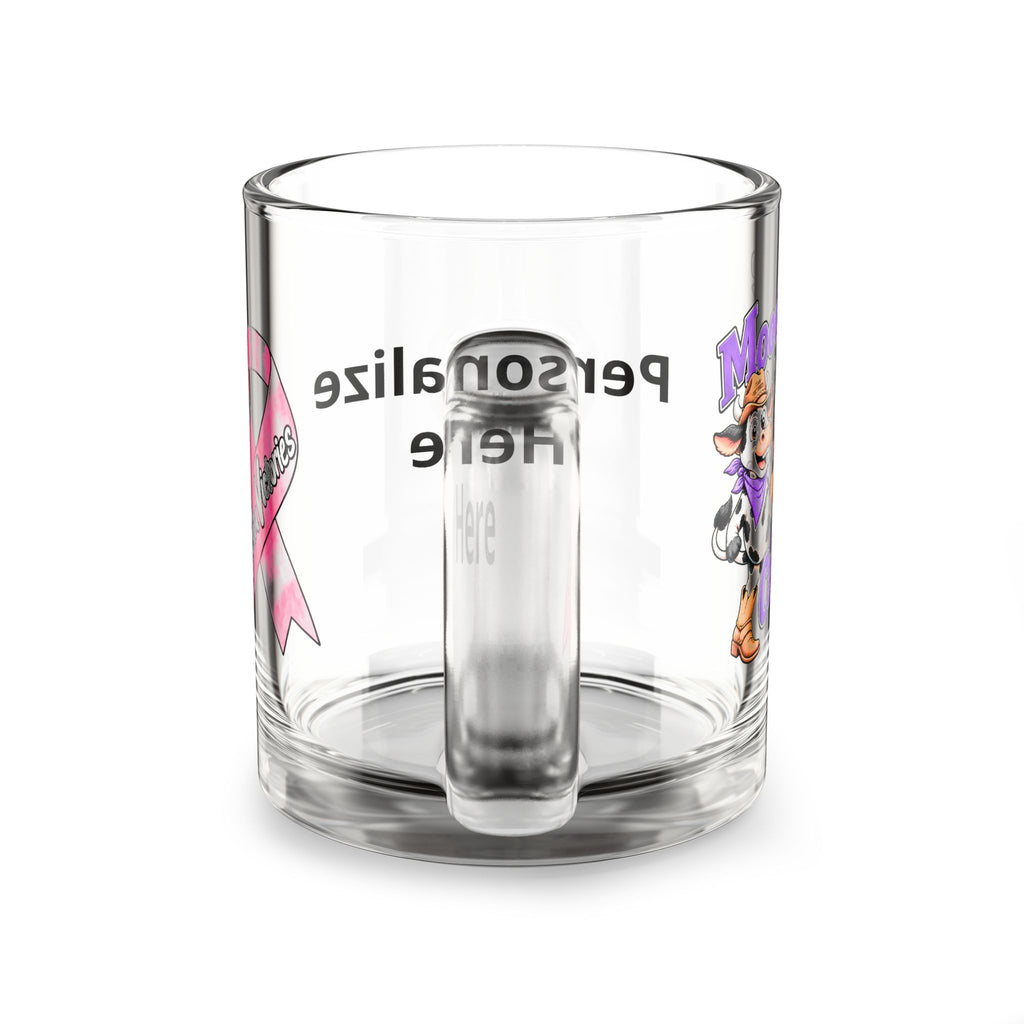 Back view of clear Moooove Over Cancer glass mug with pink ribbon and personalization area