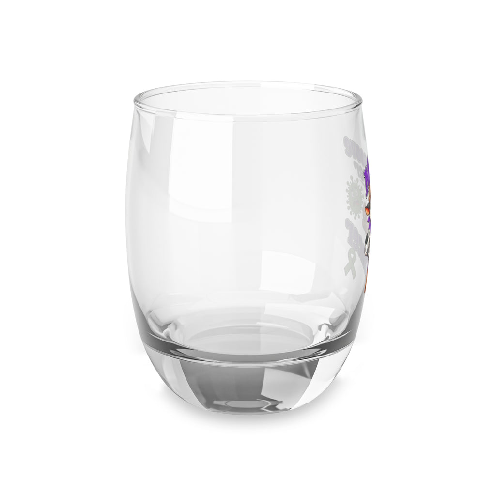 Partial side view of Moooove Over Cancer whiskey glass showing printed artwork