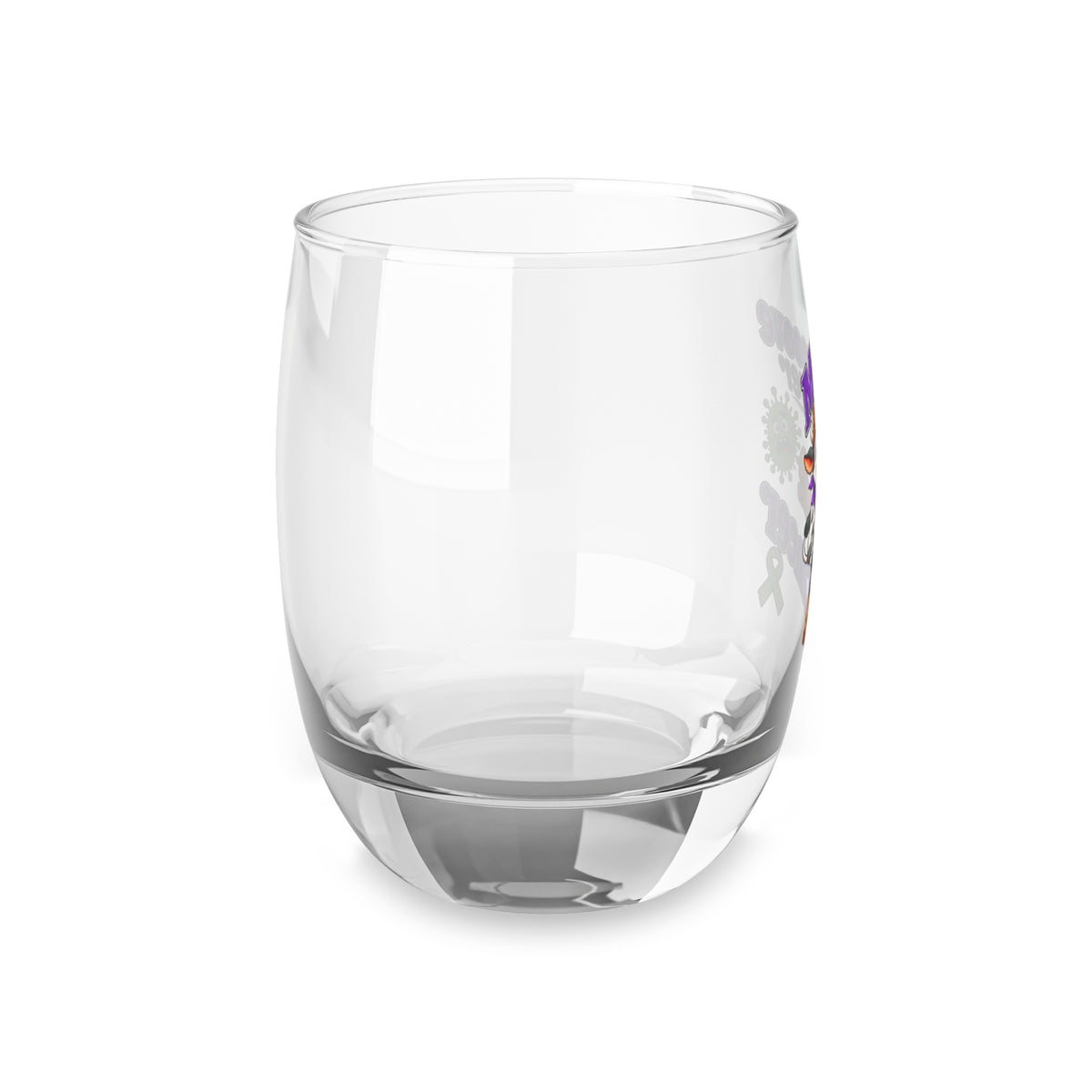 Partial side view of Moooove Over Cancer whiskey glass showing printed artwork