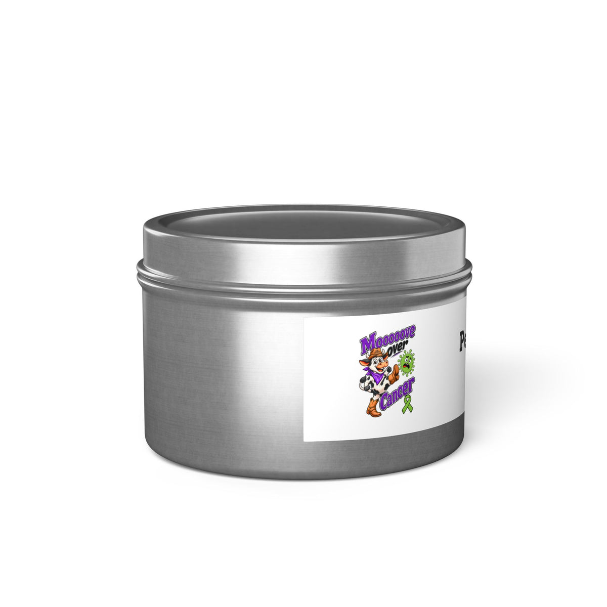 Silver Moooove Over Cancer scented tin candle with Non-Hodgkin/Lymphoma Cancer awareness ribbon