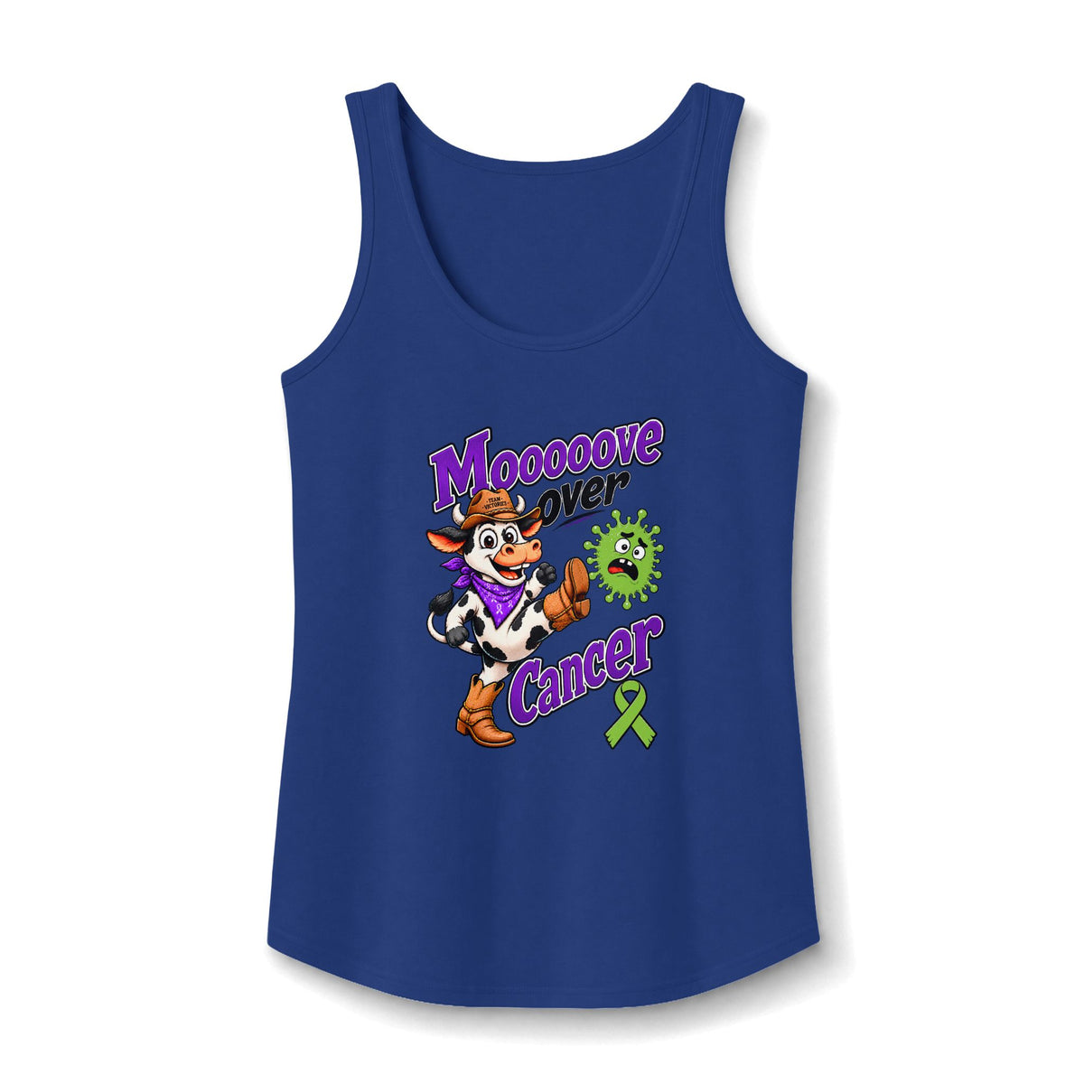 Moooove Over Cancer tank top in navy with cow graphic and lime Non-Hodgkin/Lymphoma Cancer awareness ribbon