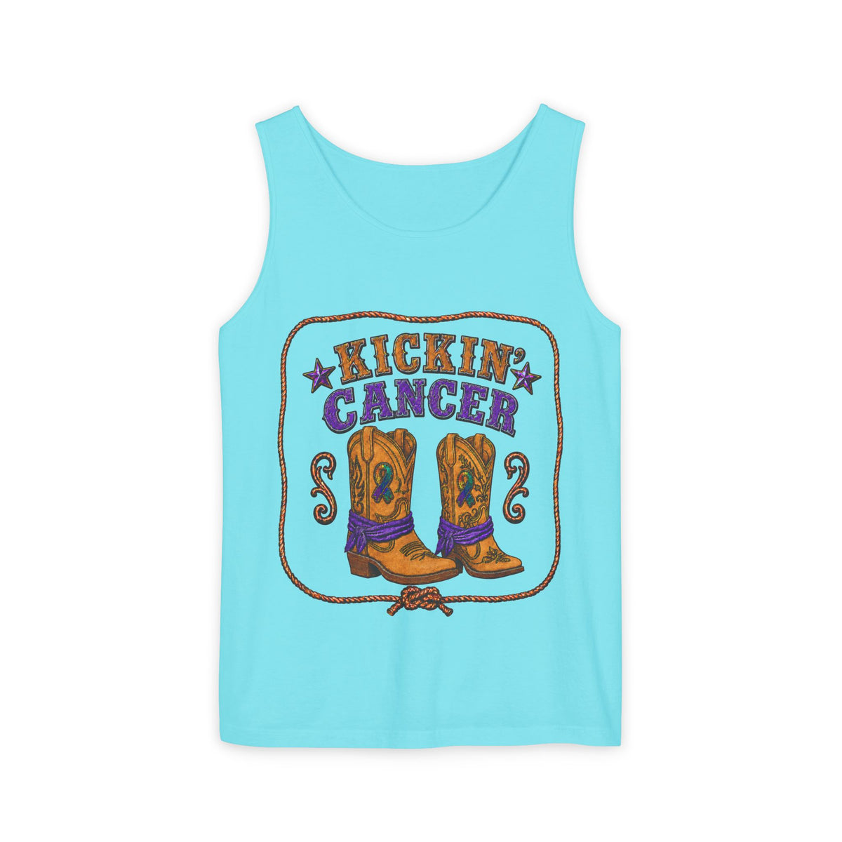 Bright blue Kickin' Cancer tank top with Western boots and vintage lettering