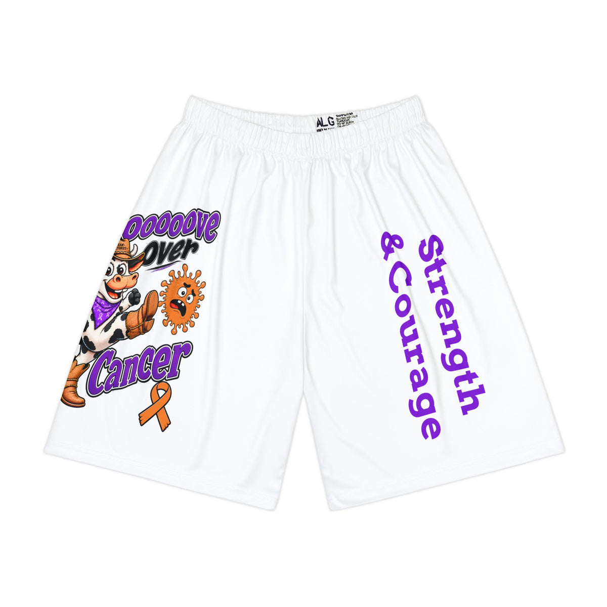 Moooove Over Cancer sports shorts with cow character, orange ribbon, and Strength & Courage artwork